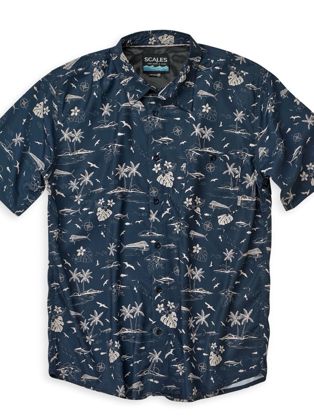 Scales Gear Never A Tourist Button Down Shirt Blue Fishing Performance UPF 50+ L